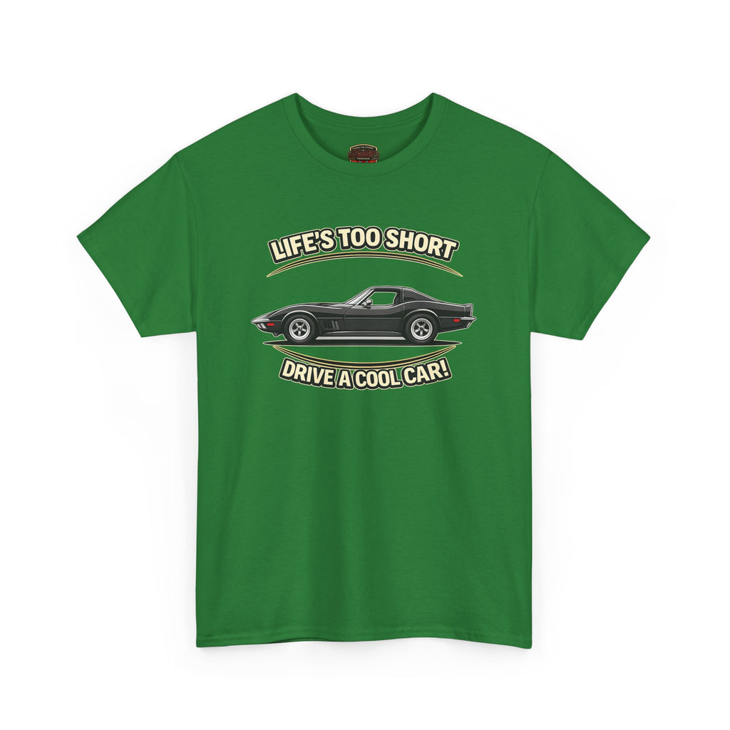 Turf green t-shirt with a graphic of a vintage vette and text on a white background