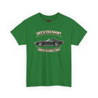 Turf green t-shirt with a graphic of a vintage vette and text on a white background