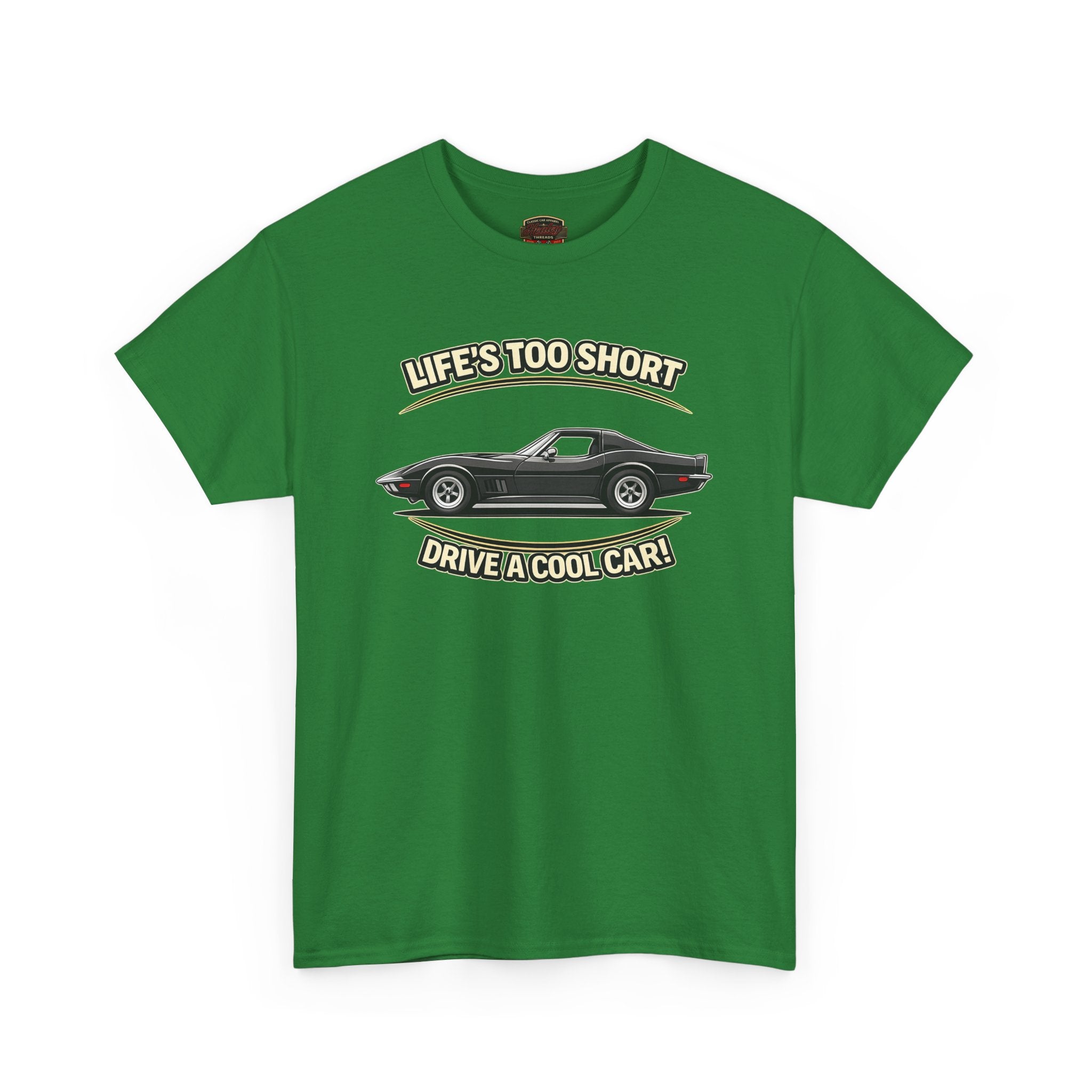 Turf green t-shirt with a graphic of a vintage vette and text on a white background