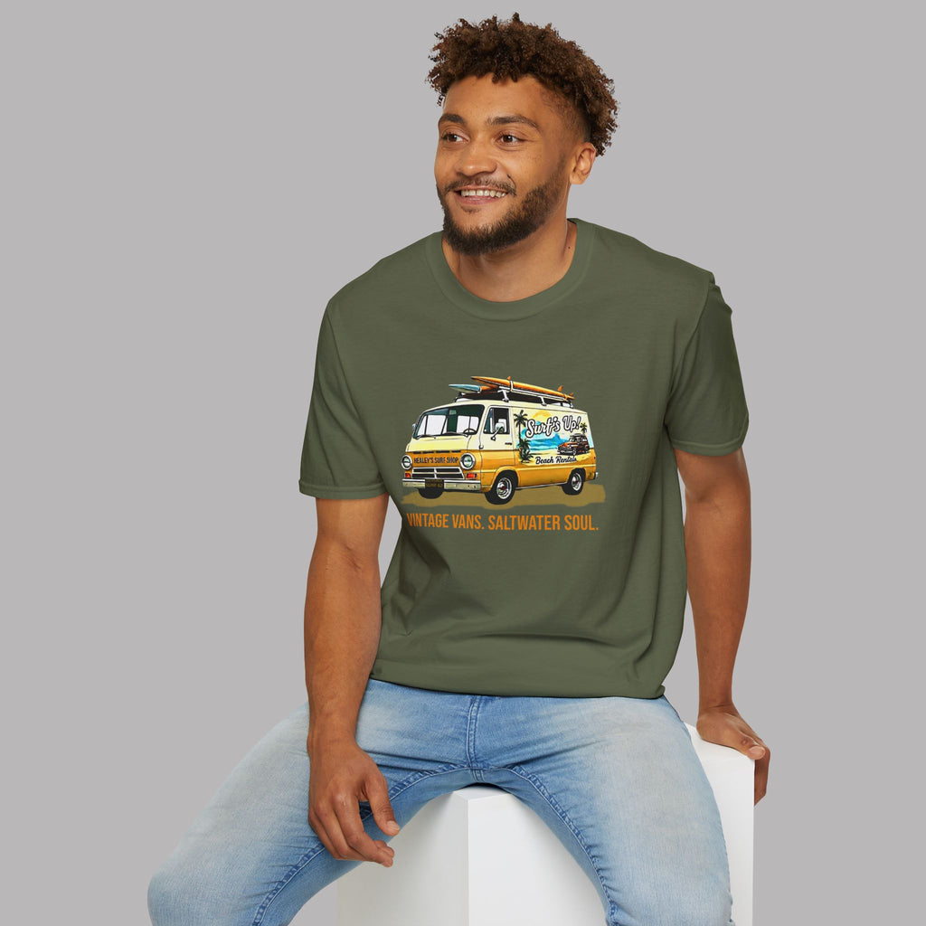 Man wearing a military green t-shirt with a vintage van graphic on a gray background