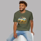Man wearing a military green t-shirt with a vintage van graphic on a gray background