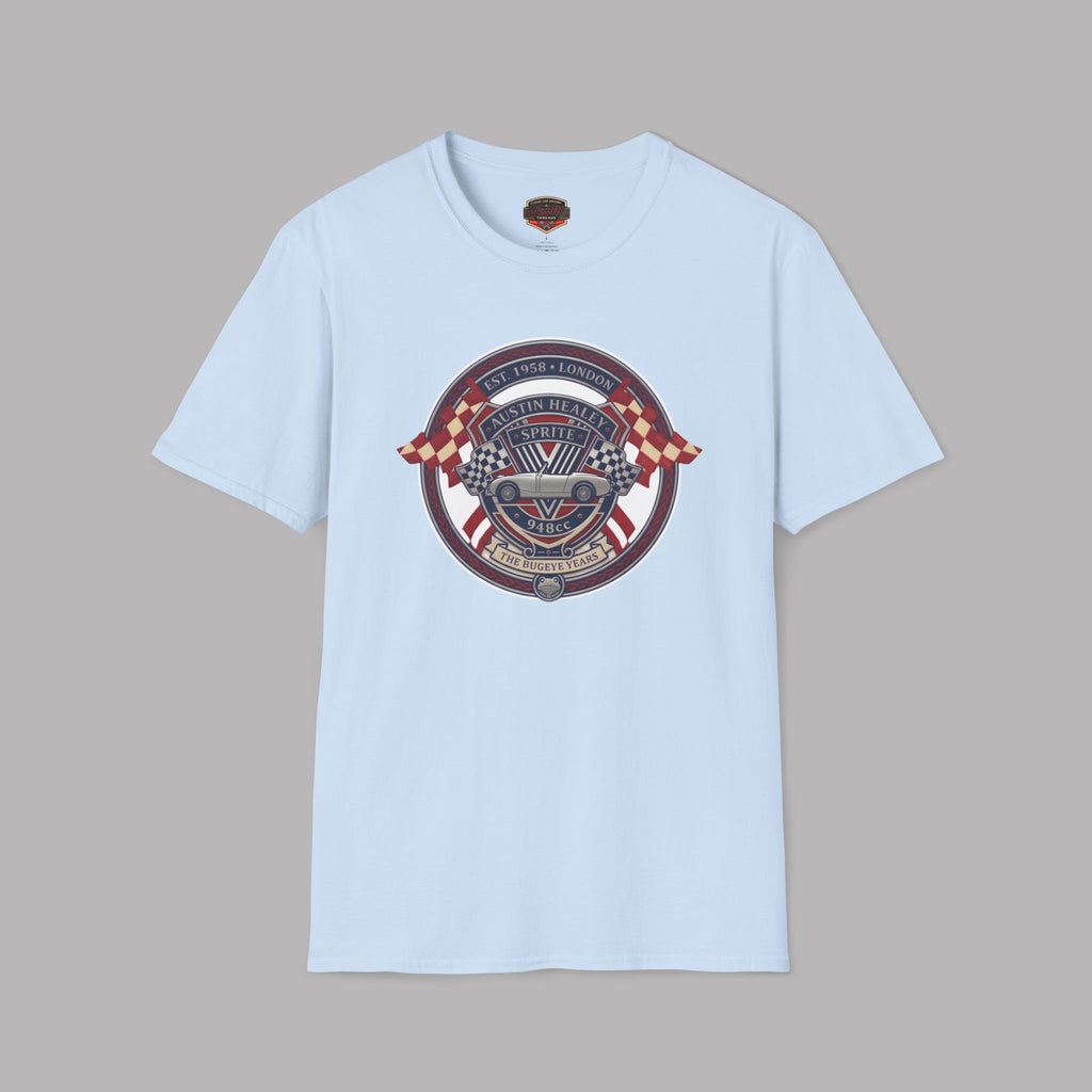 Light blue t-shirt with a circular graphic Healey Sprite design on a gray background