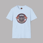 Light blue t-shirt with a circular graphic Healey Sprite design on a gray background