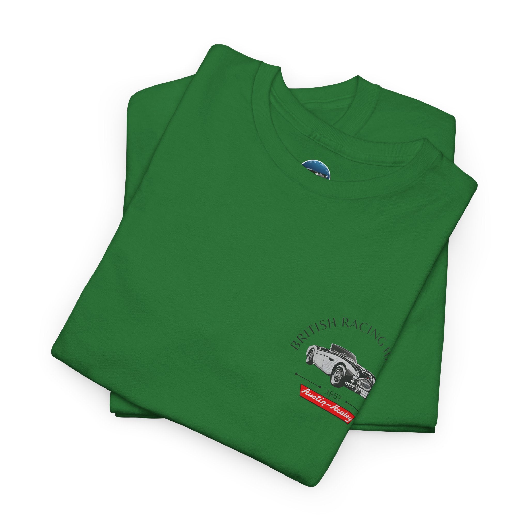 Green t-shirt with a Healey graphic design on a white background