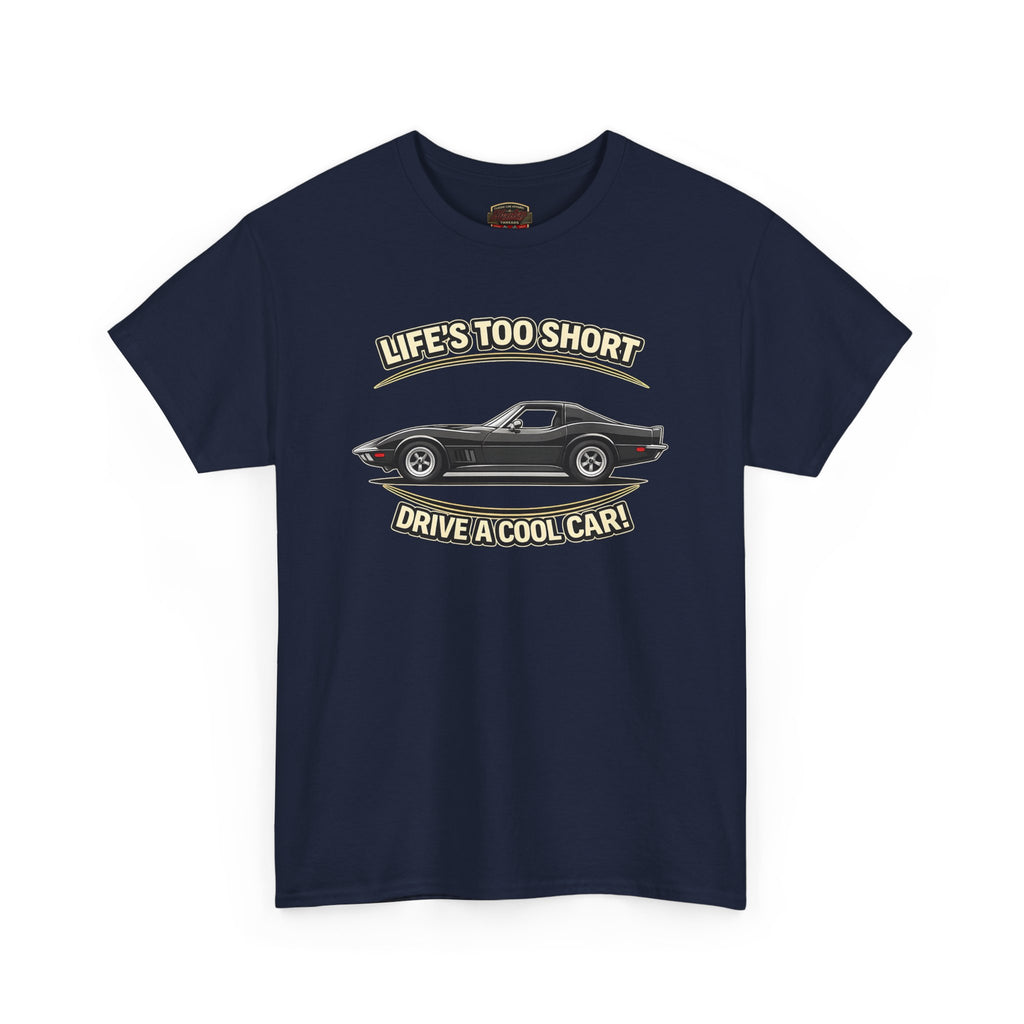 Navy blue t-shirt with a graphic of a vintage vette and text on a white background