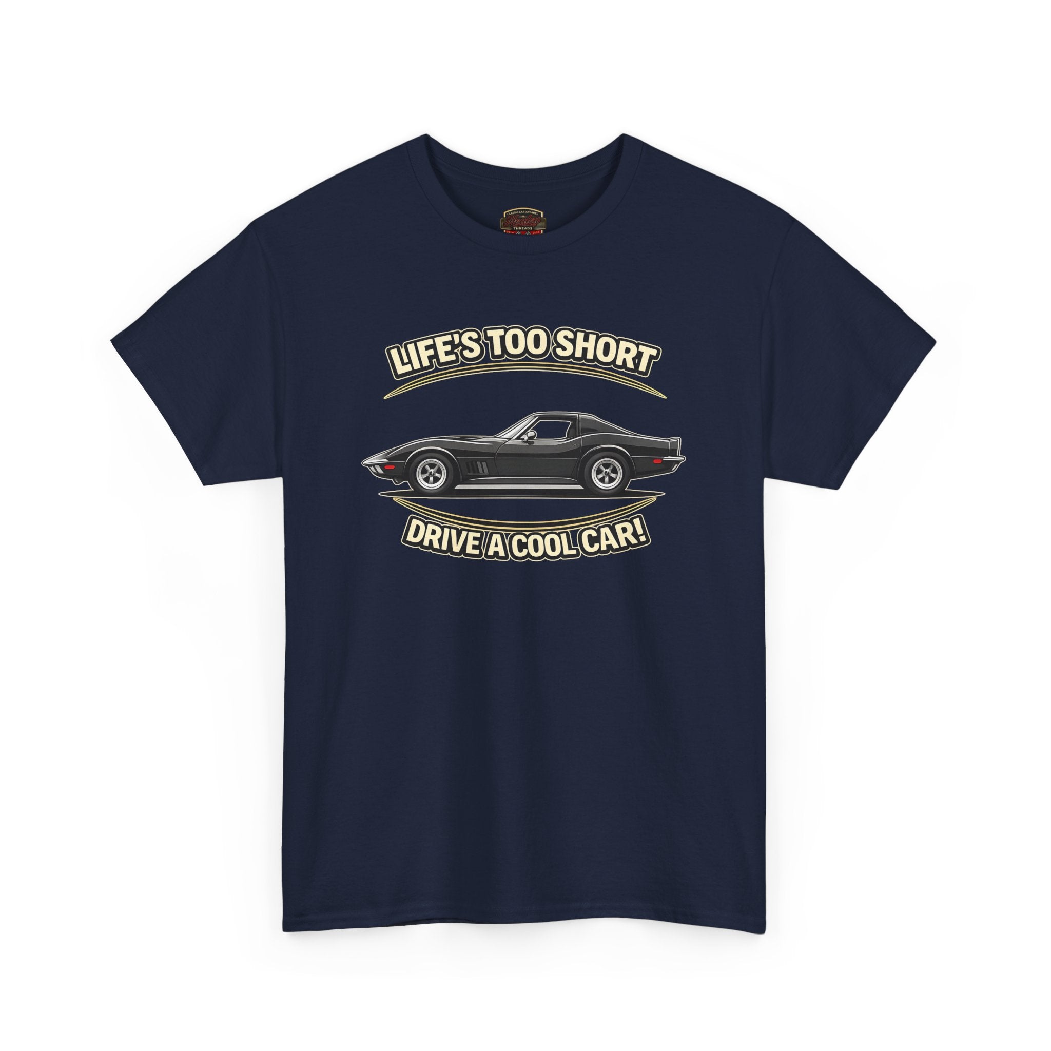 Navy blue t-shirt with a graphic of a vintage vette and text on a white background