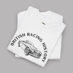 Folded white t-shirt with a classic car graphic and 'British Racing History' text on a gray background