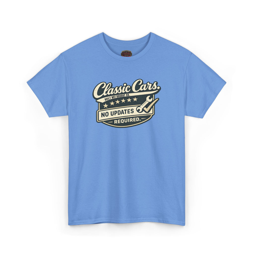 Blue t-shirt with 'Classic Cars No Updates Required' text on a white background