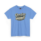 Blue t-shirt with 'Classic Cars No Updates Required' text on a white background