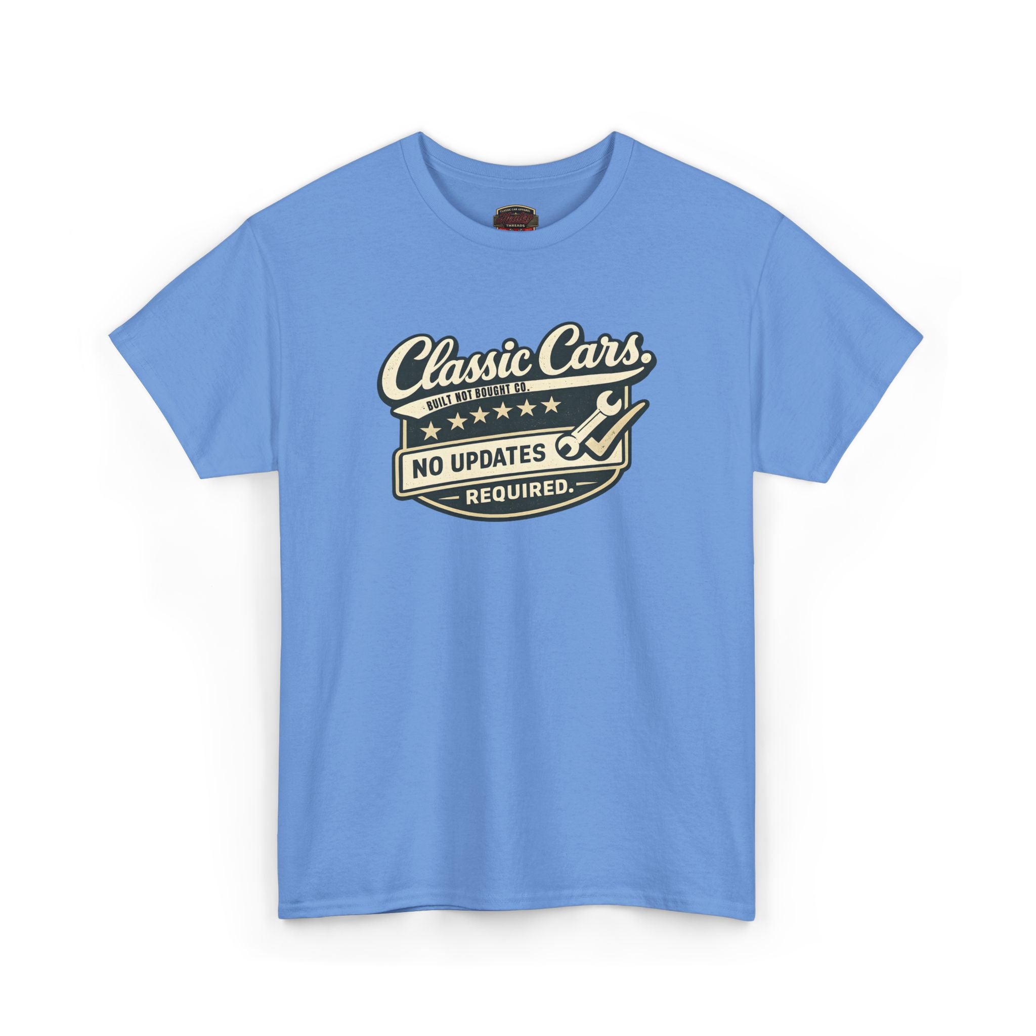 Blue t-shirt with 'Classic Cars No Updates Required' text on a white background