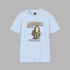 Light blue t-shirt with a mechanical design and text on a gray background
