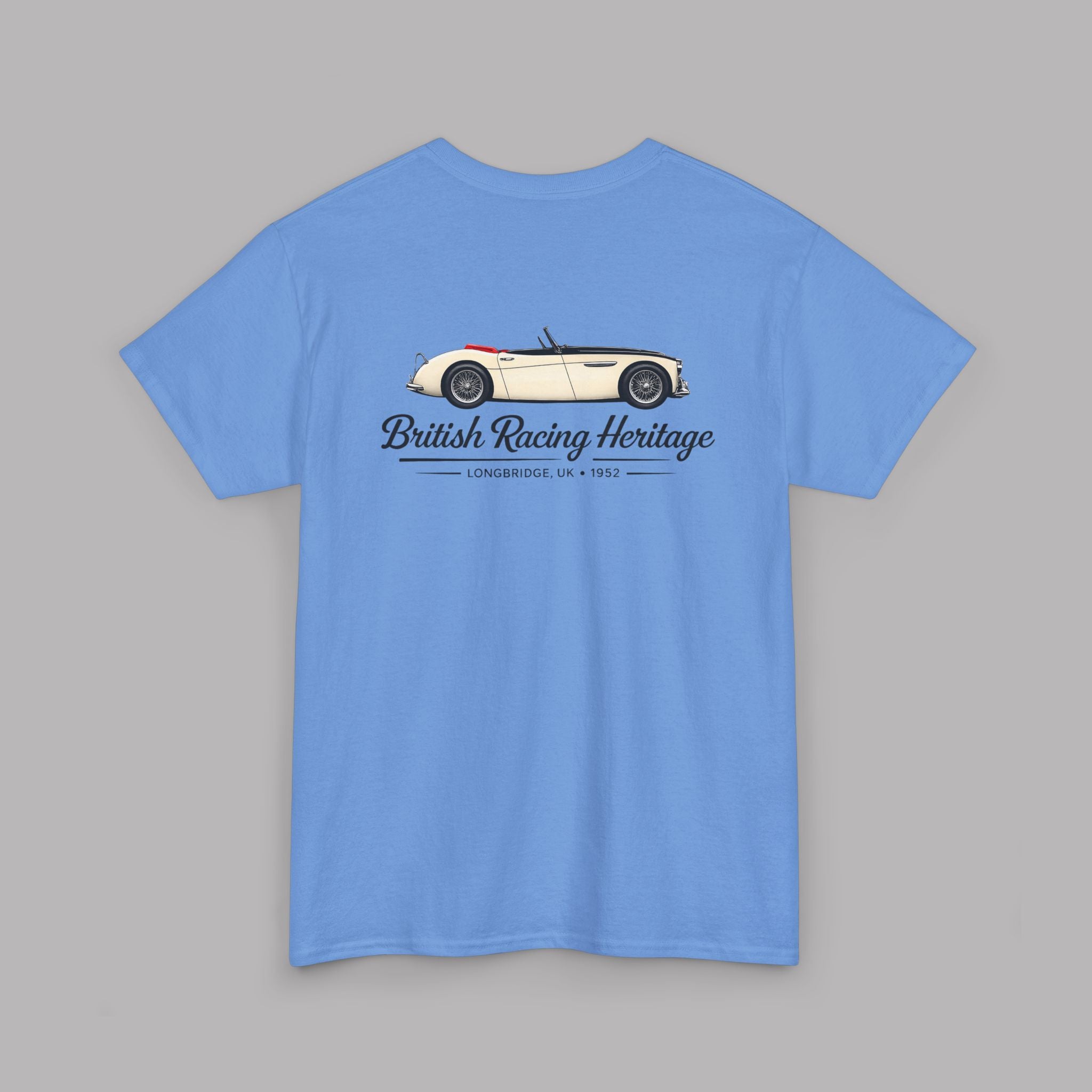 Back view of a Carolina blue t-shirt with a vintage Healey car graphic and text on a gray background