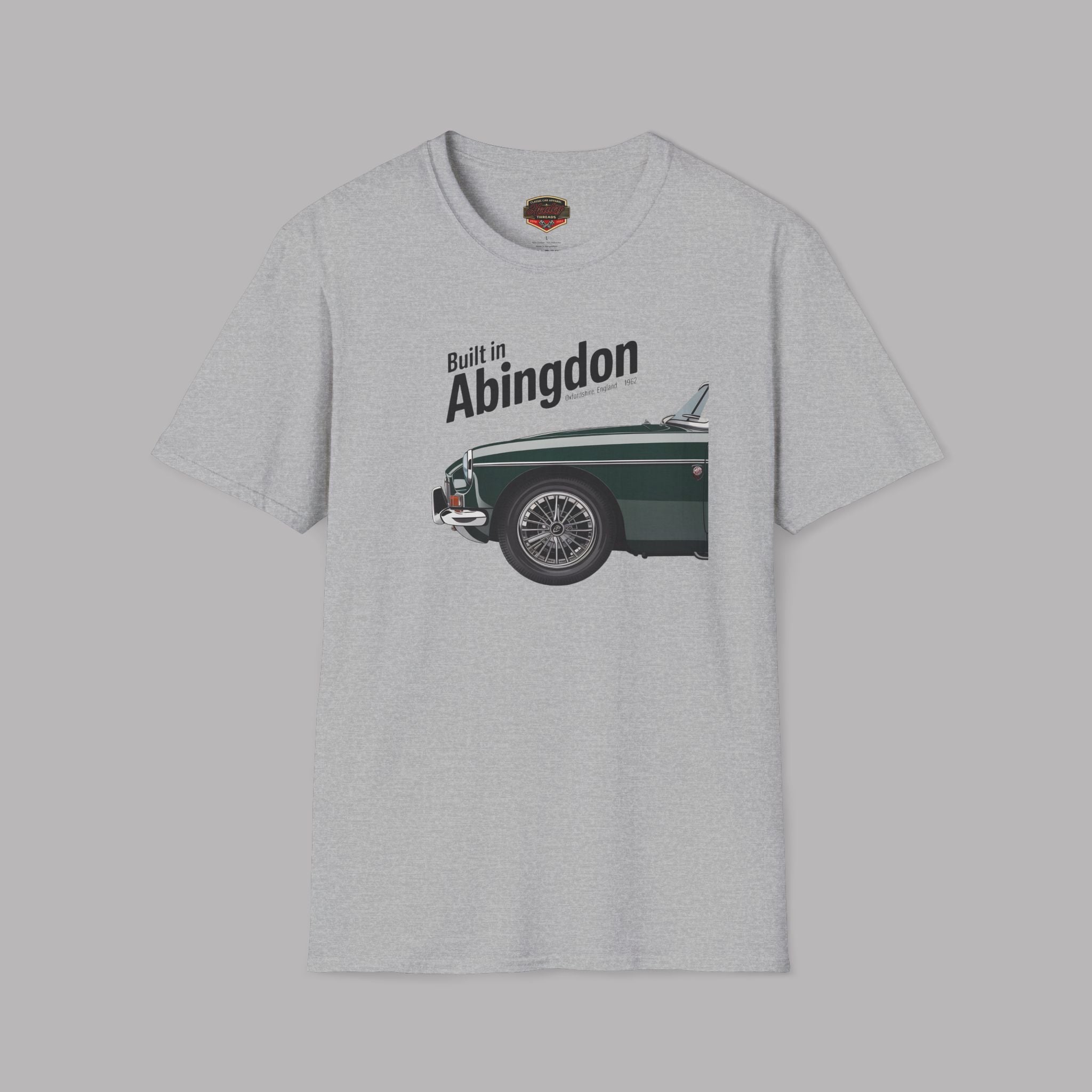 Sport gray t-shirt with a graphic of a classic car on a gray background.