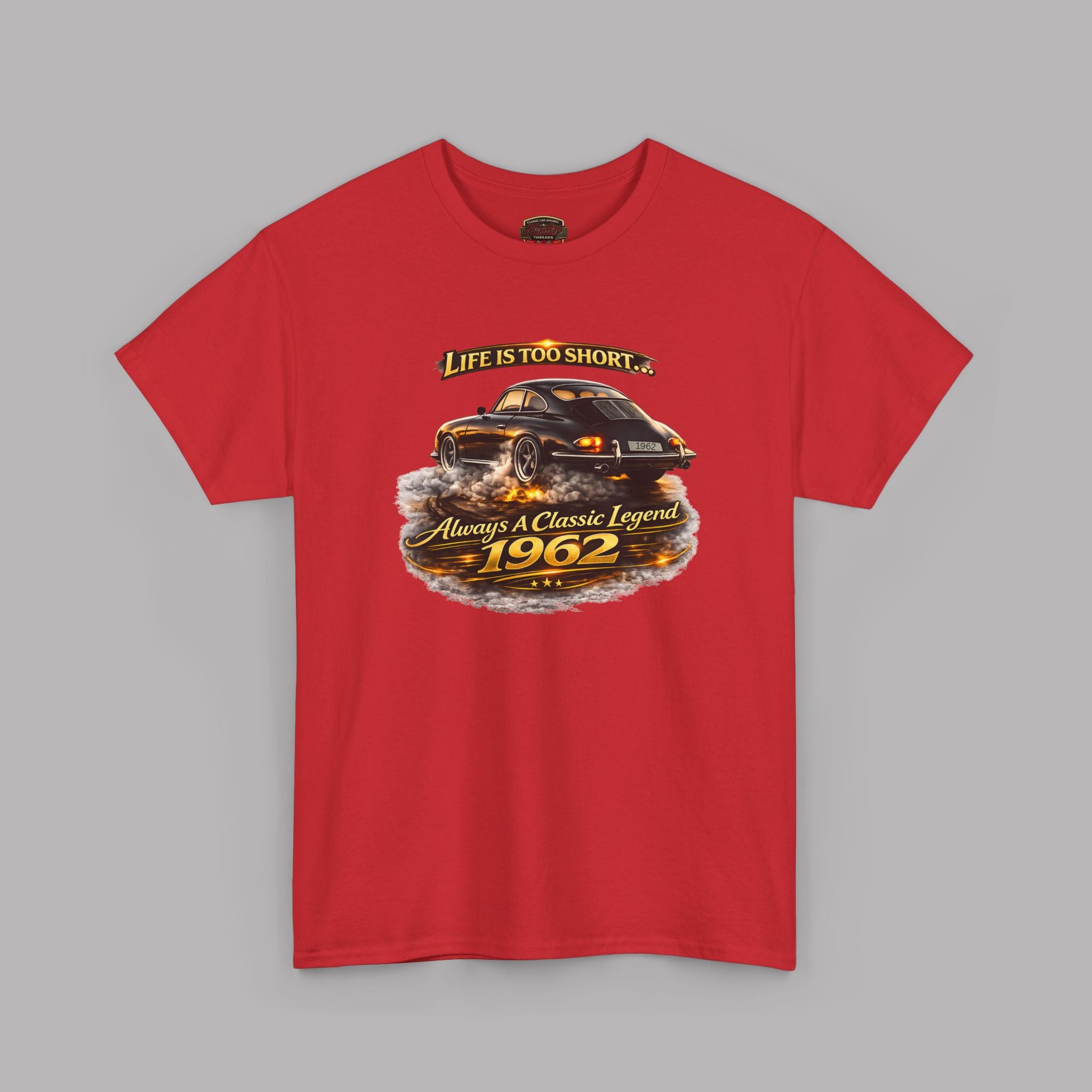Red t-shirt with a graphic of a classic car and text on a gray background