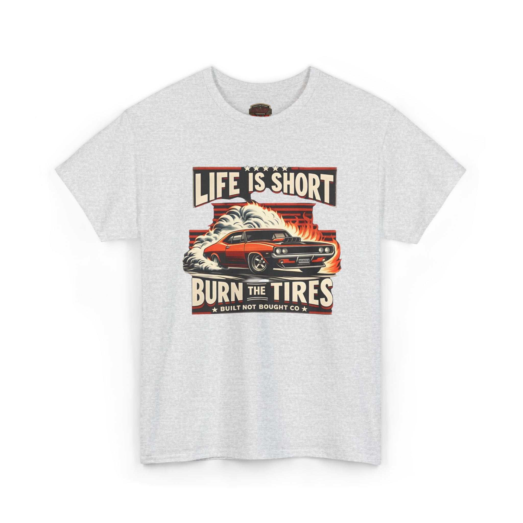 Ash grey t-shirt with a graphic design featuring a car and text on a white background