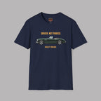 Navy blue t-shirt with green classic car graphic and text on a gray background