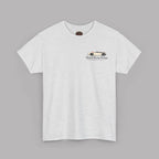 Front of a sport gray t-shirt with a Healey classic car graphic design on a gray background
