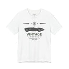 White t-shirt with vintage car design on a white background