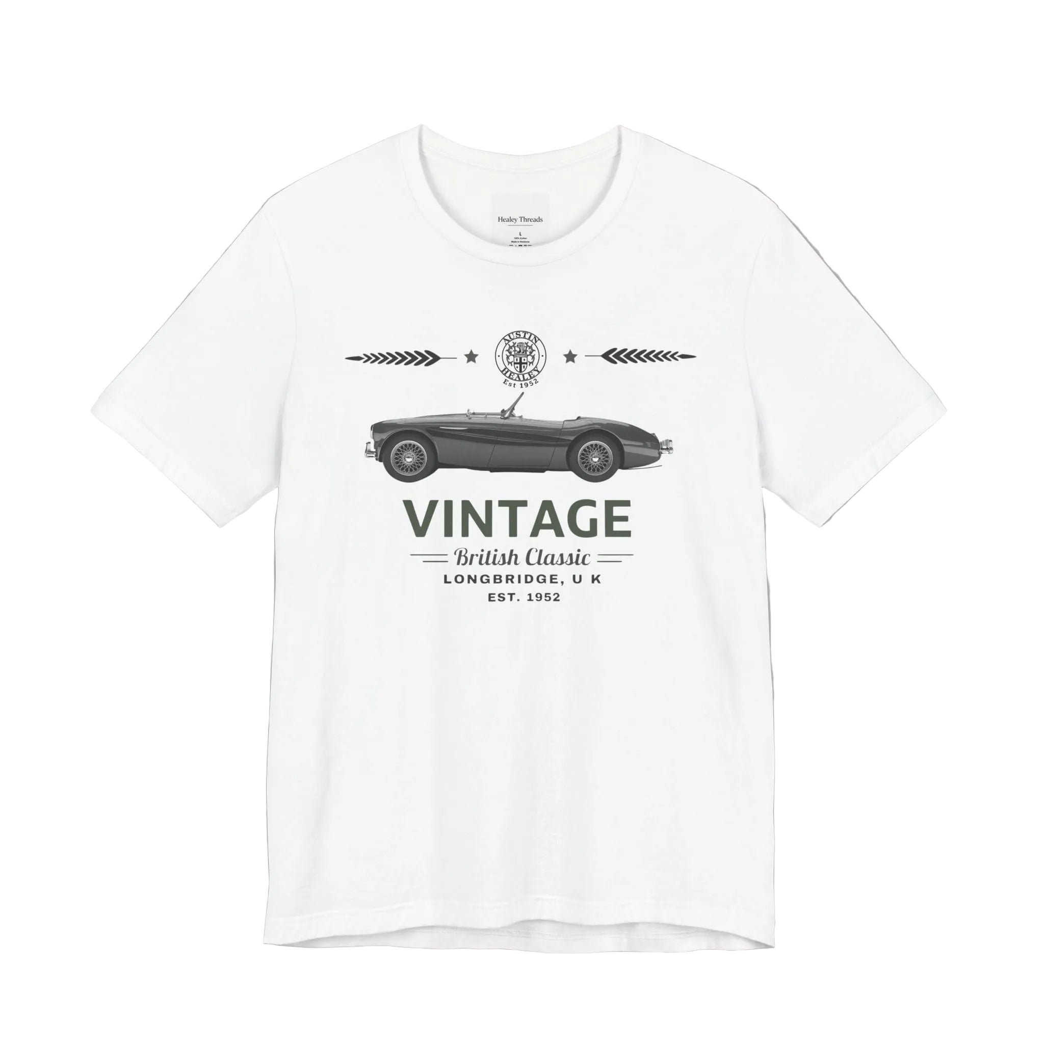 White t-shirt with vintage car design on a white background