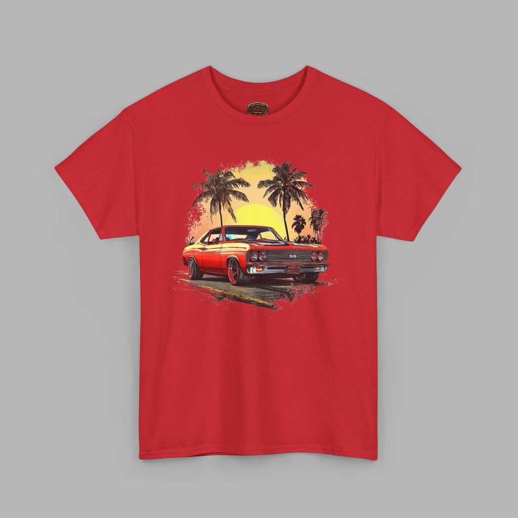 Red t-shirt with a graphic of a classic car and palm trees on a gray background