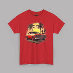 Red t-shirt with a graphic of a classic car and palm trees on a gray background