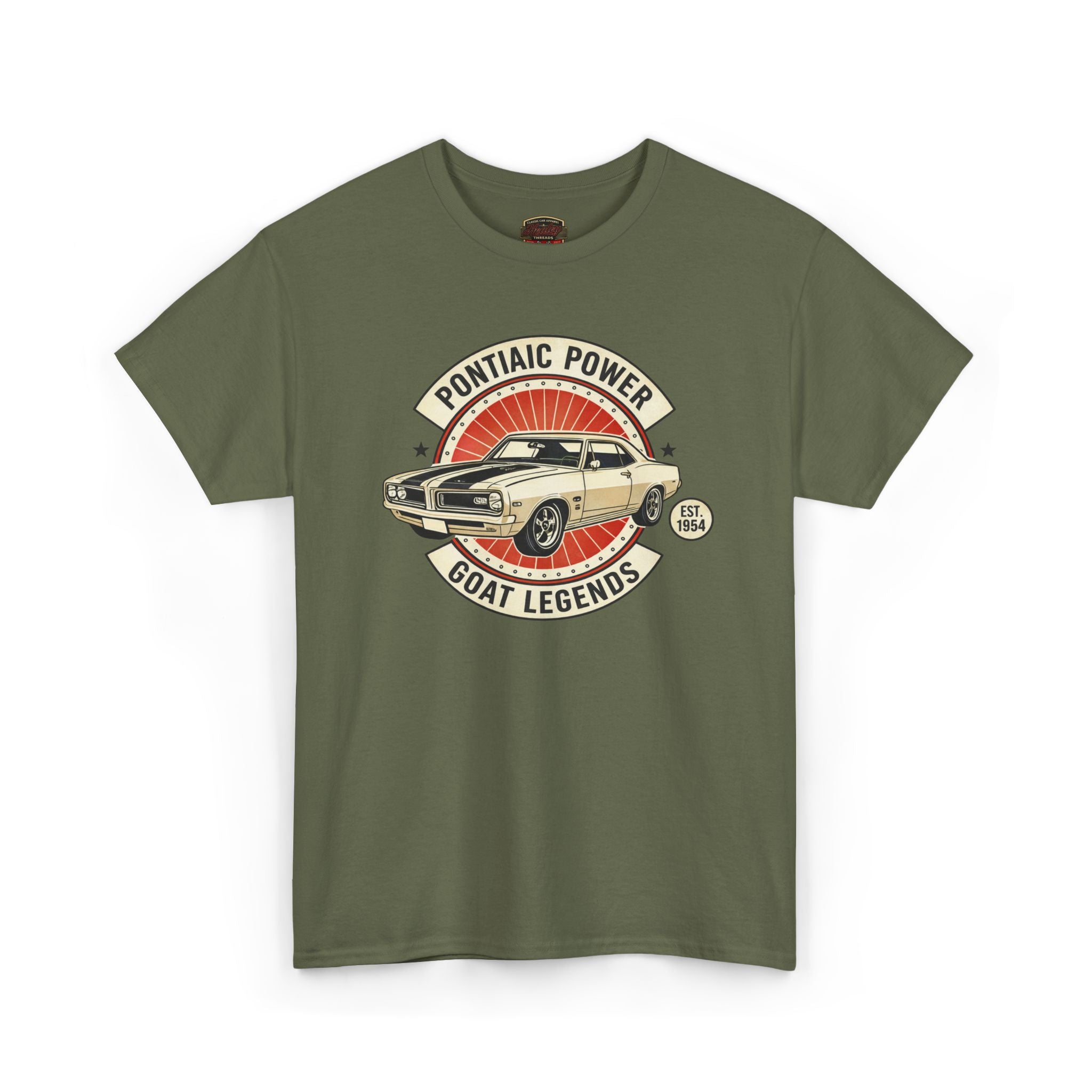 Military green t-shirt with Pontiac Power graphic on a white background
