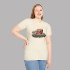 Woman wearing a t-shirt with 'American Muscle' graphic design on a plain background