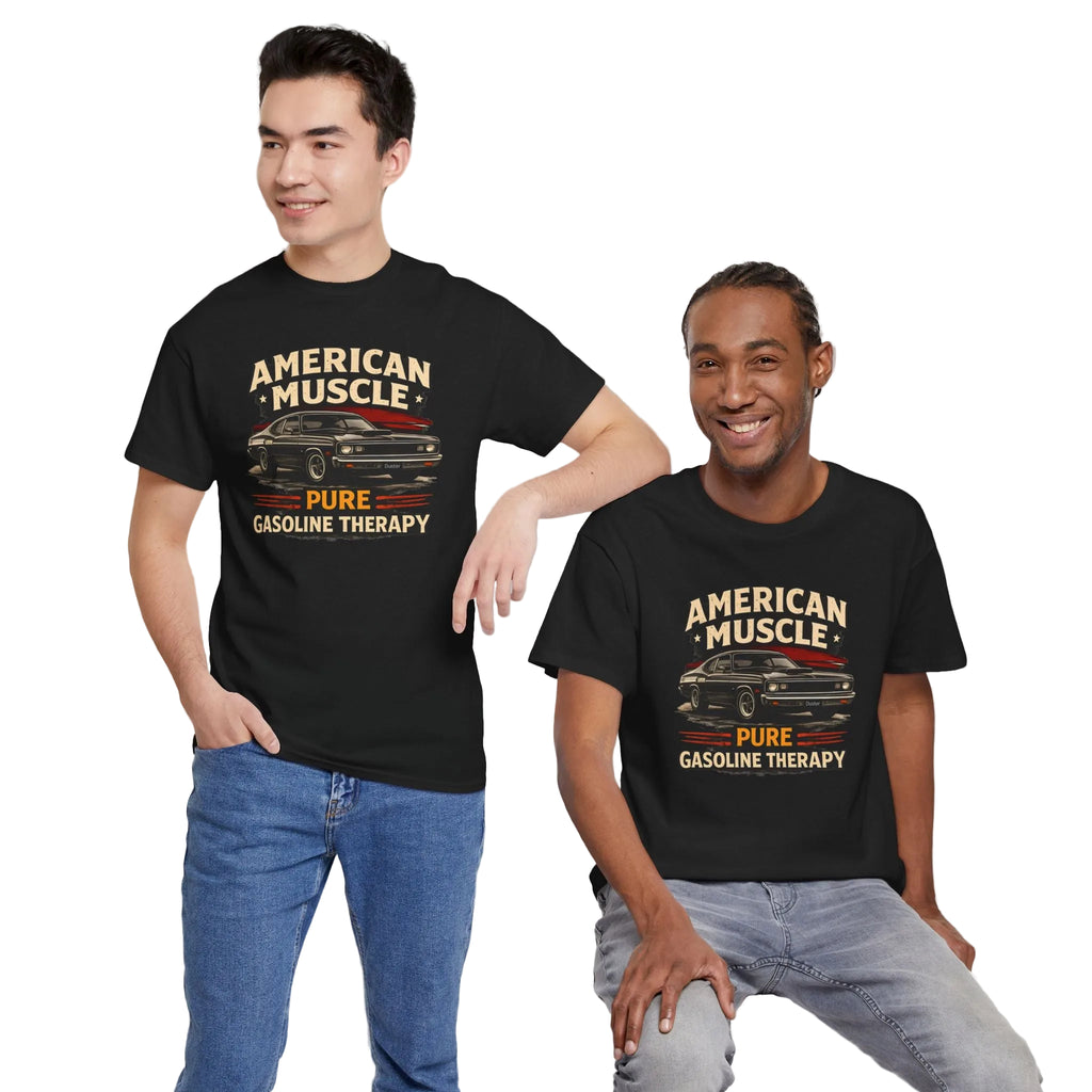 Two people wearing black t-shirts with 'American Muscle' graphic design on a white background