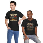 Two people wearing black t-shirts with 'American Muscle' graphic design on a white background