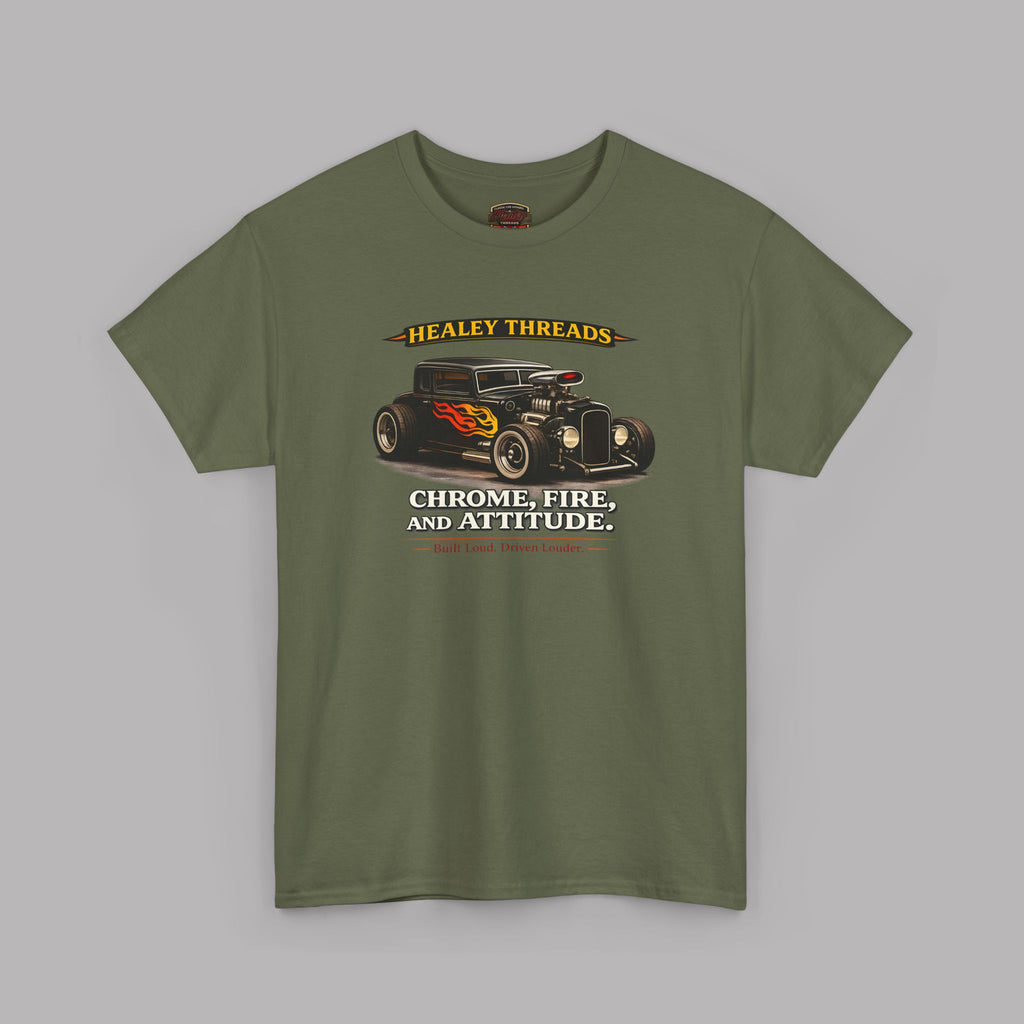 Military green t-shirt with a graphic of a classic car and text on a gray background