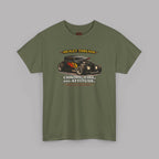 Military green t-shirt with a graphic of a classic car and text on a gray background