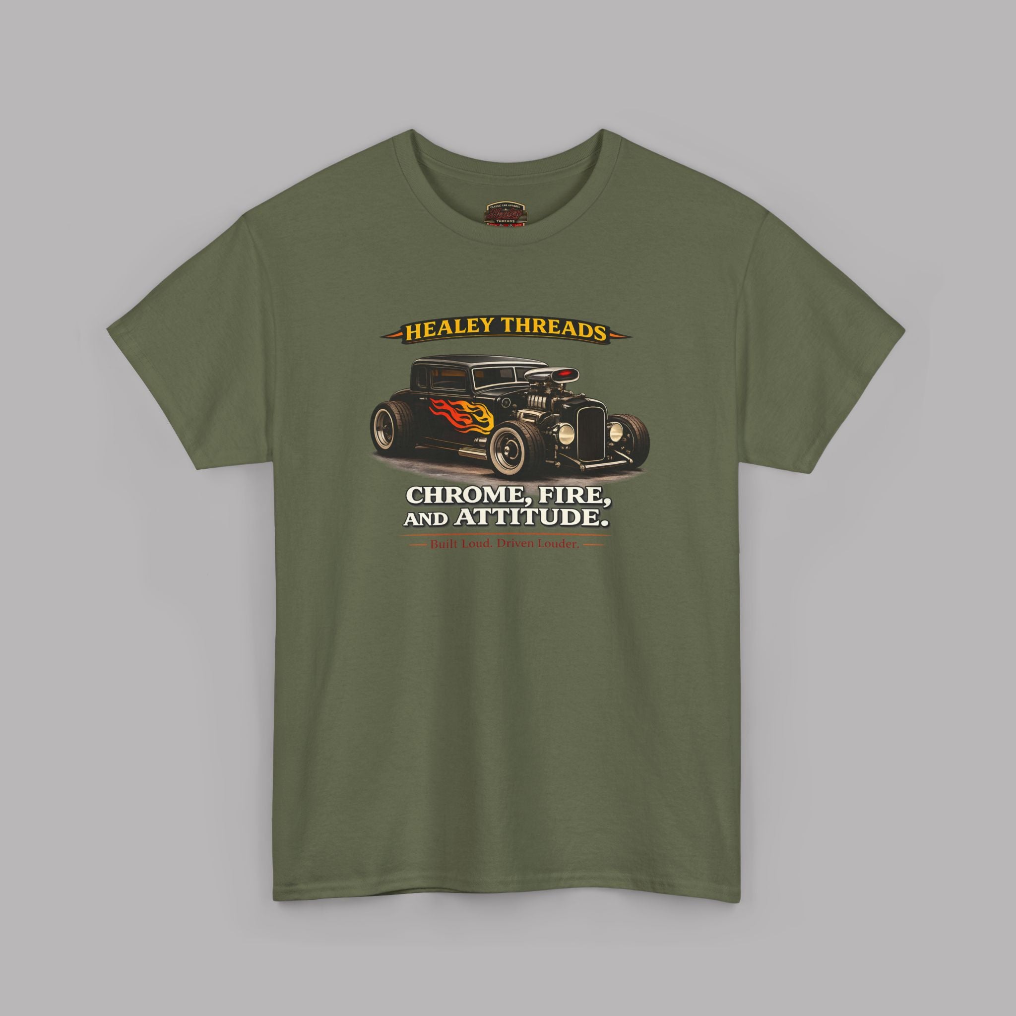 Military green t-shirt with a graphic of a classic car and text on a gray background
