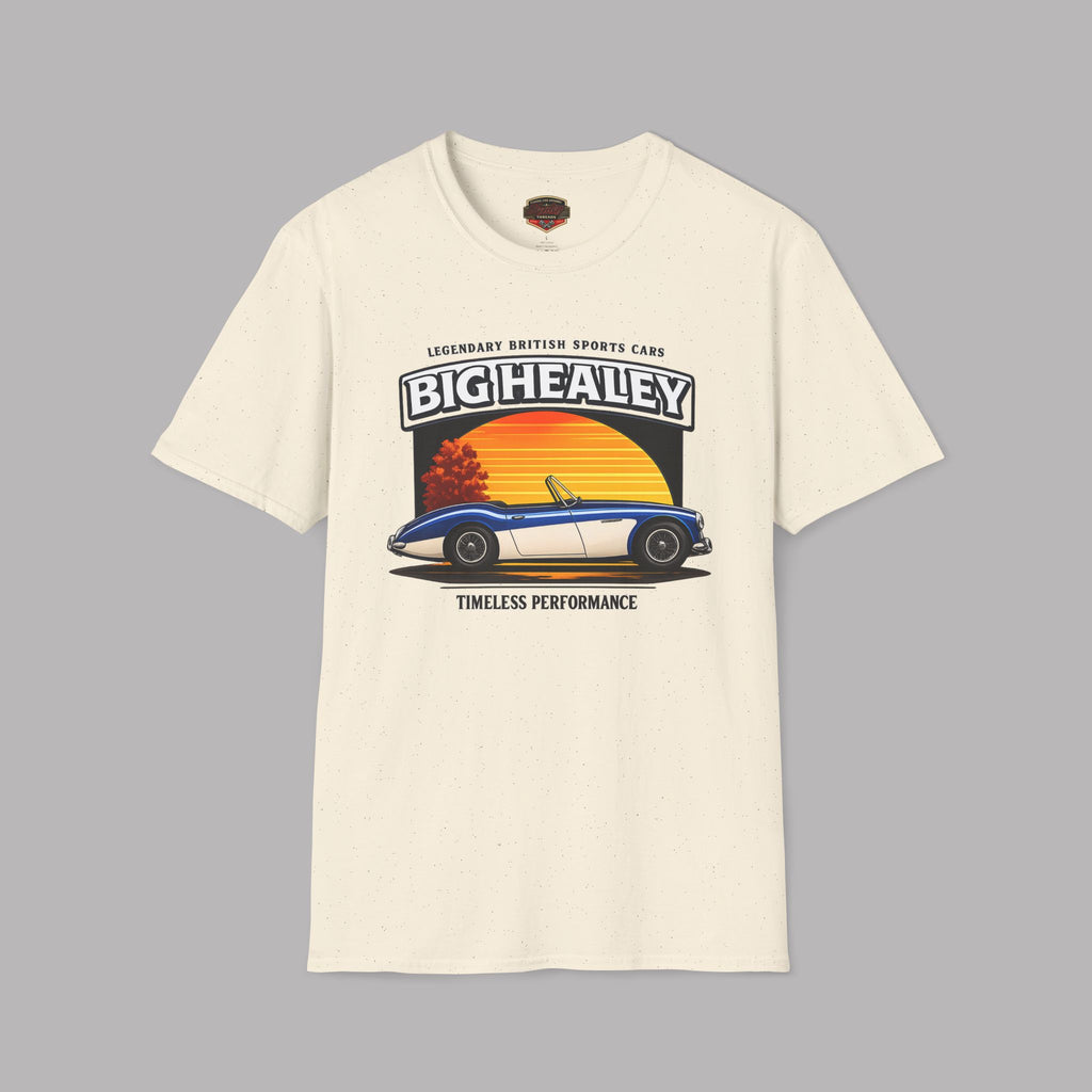 Big Healey graphic natural colored t-shirt featuring a blue and white Austin Healey roadster with retro sunset artwork and vintage British sports car typography by Healey Threads