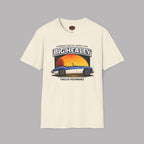 Big Healey graphic natural colored t-shirt featuring a blue and white Austin Healey roadster with retro sunset artwork and vintage British sports car typography by Healey Threads