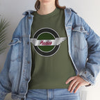 Person wearing a green t-shirt with 'Healey' logo and a denim jacket.