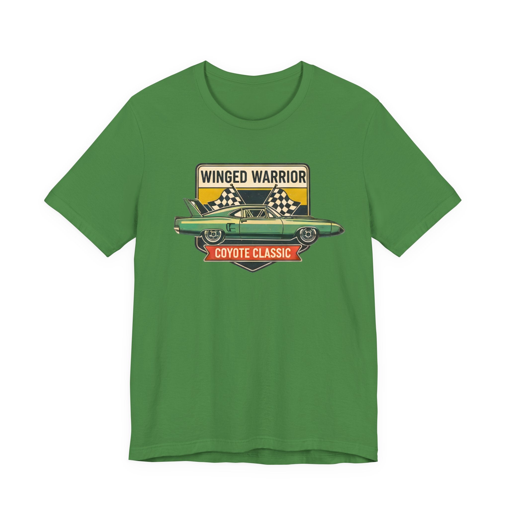 Irish green t-shirt with a graphic design of a car and text on a white background