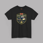 Black t-shirt with 'Healey Threads' logo featuring a car and British flag on a gray background