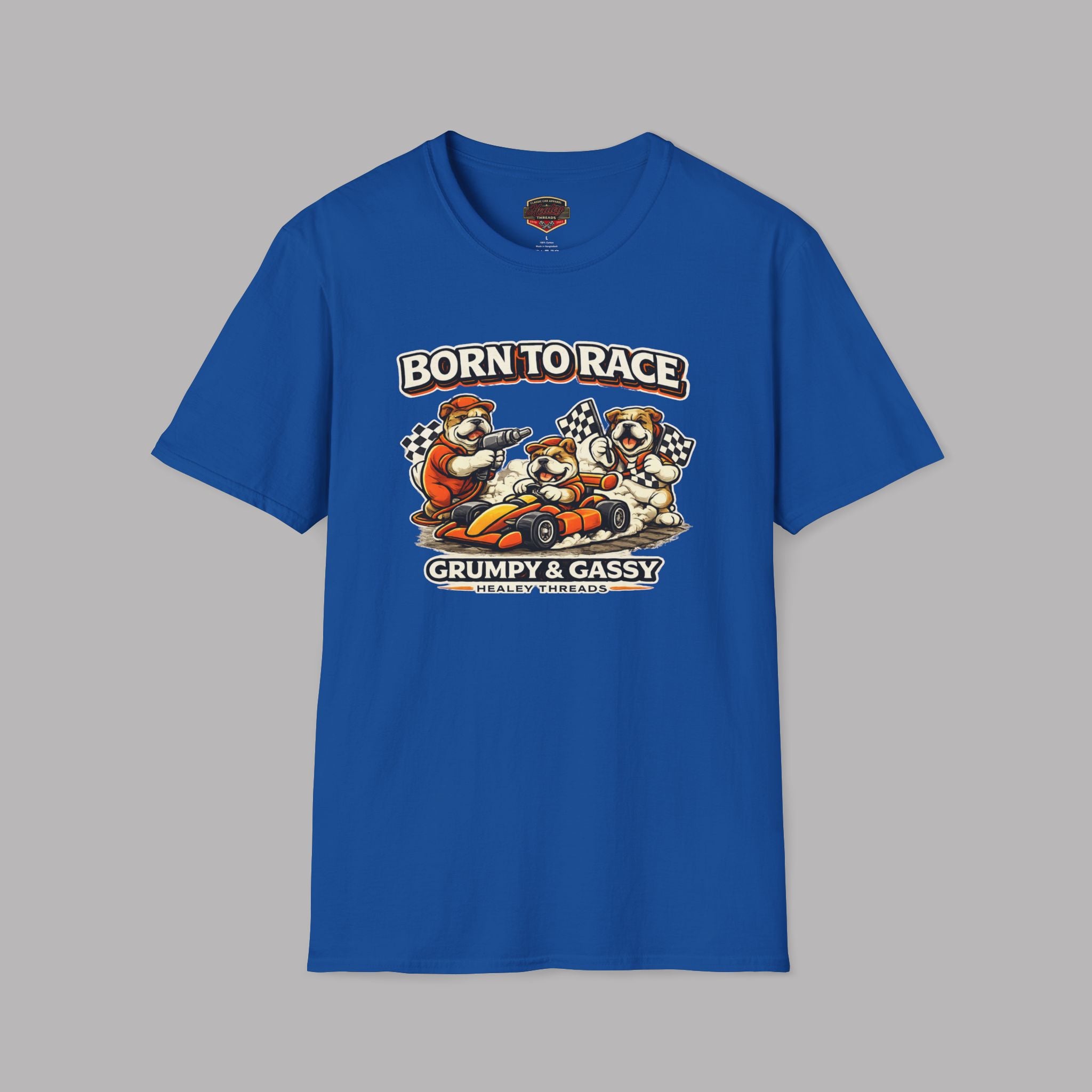 Royal blue t-shirt with 'Born to Race' graphic on a gray background