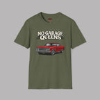 Military green t-shirt with a red car graphic and 'No Garage Queens' text on a gray background