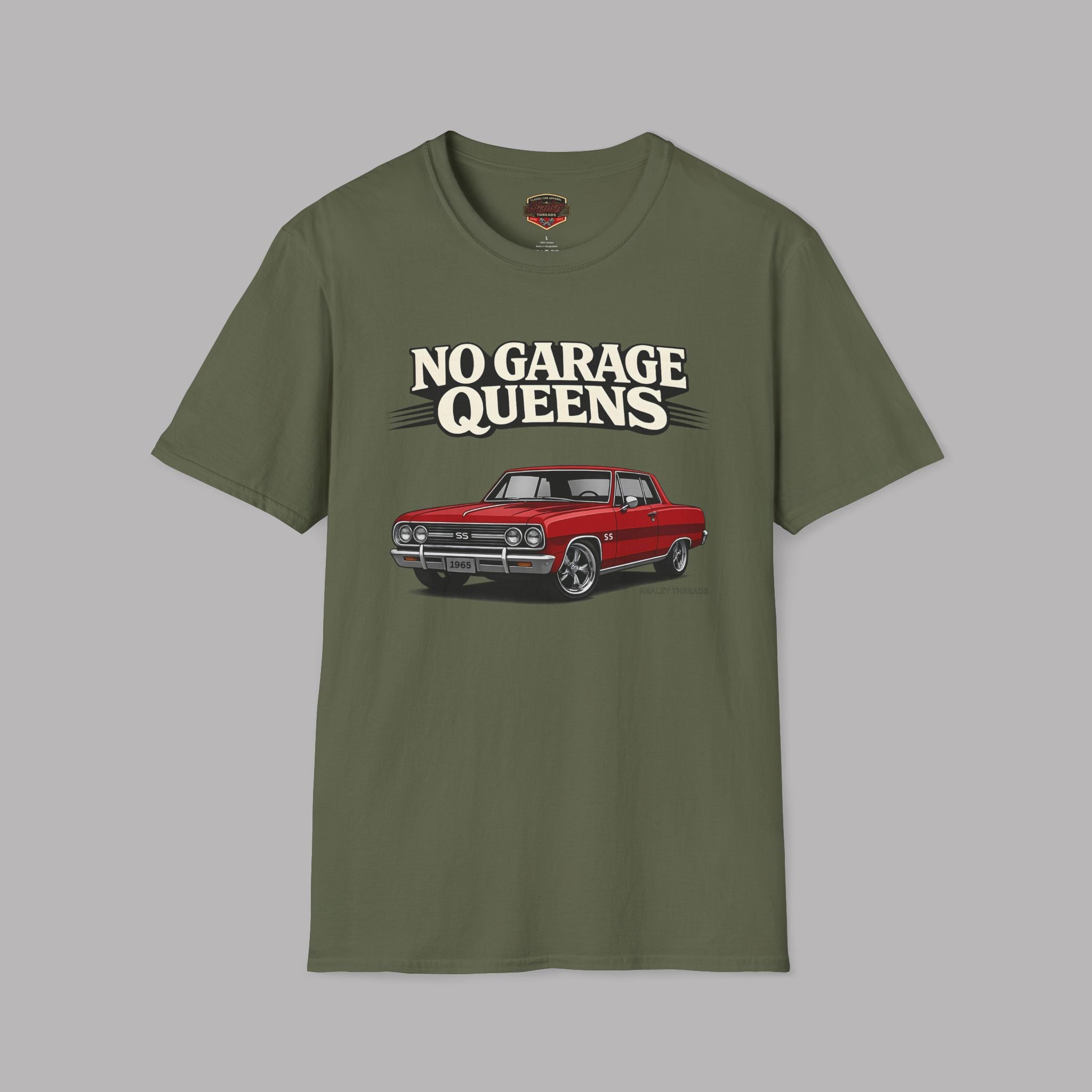 Military green t-shirt with a red car graphic and 'No Garage Queens' text on a gray background