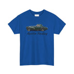 Blue t-shirt with an Austin Healey car design on a white background
