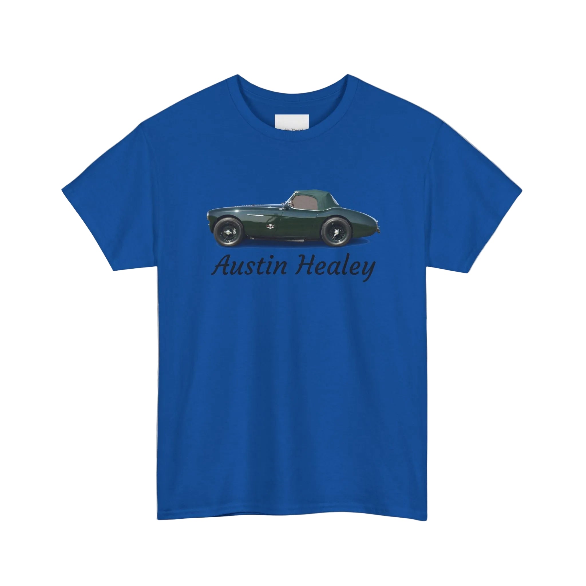 Blue t-shirt with an Austin Healey car design on a white background