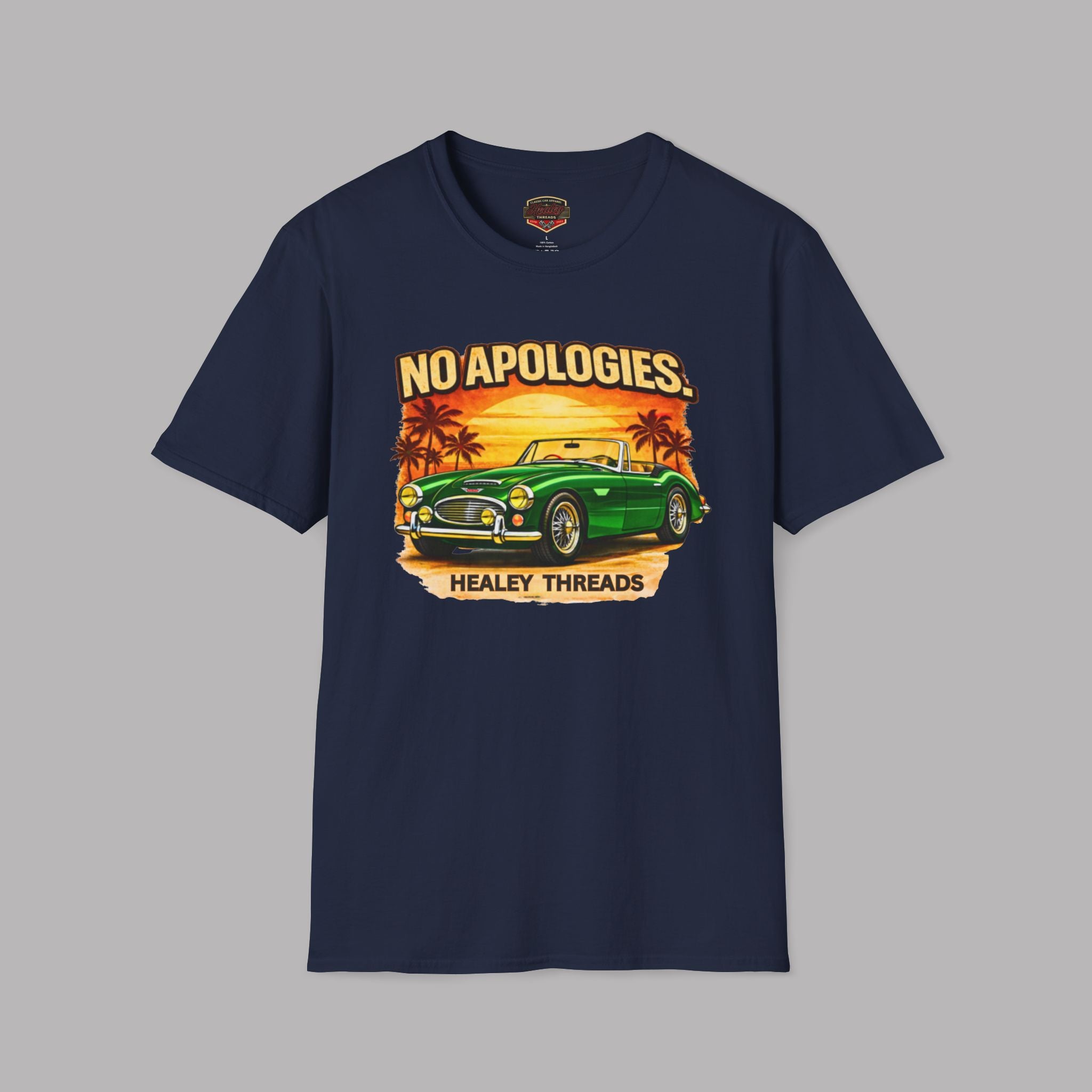 Navy blue t-shirt with a graphic of a green classic car and 'No Apologies' text on a gray background