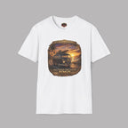 Vintage 1965 surfer van white-shirt with retro beach sunset graphic and “Chase Sunsets. Find Yourself.”