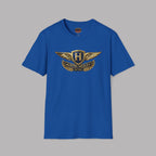 Royal blue t-shirt with Austin-Healey logo on a gray background