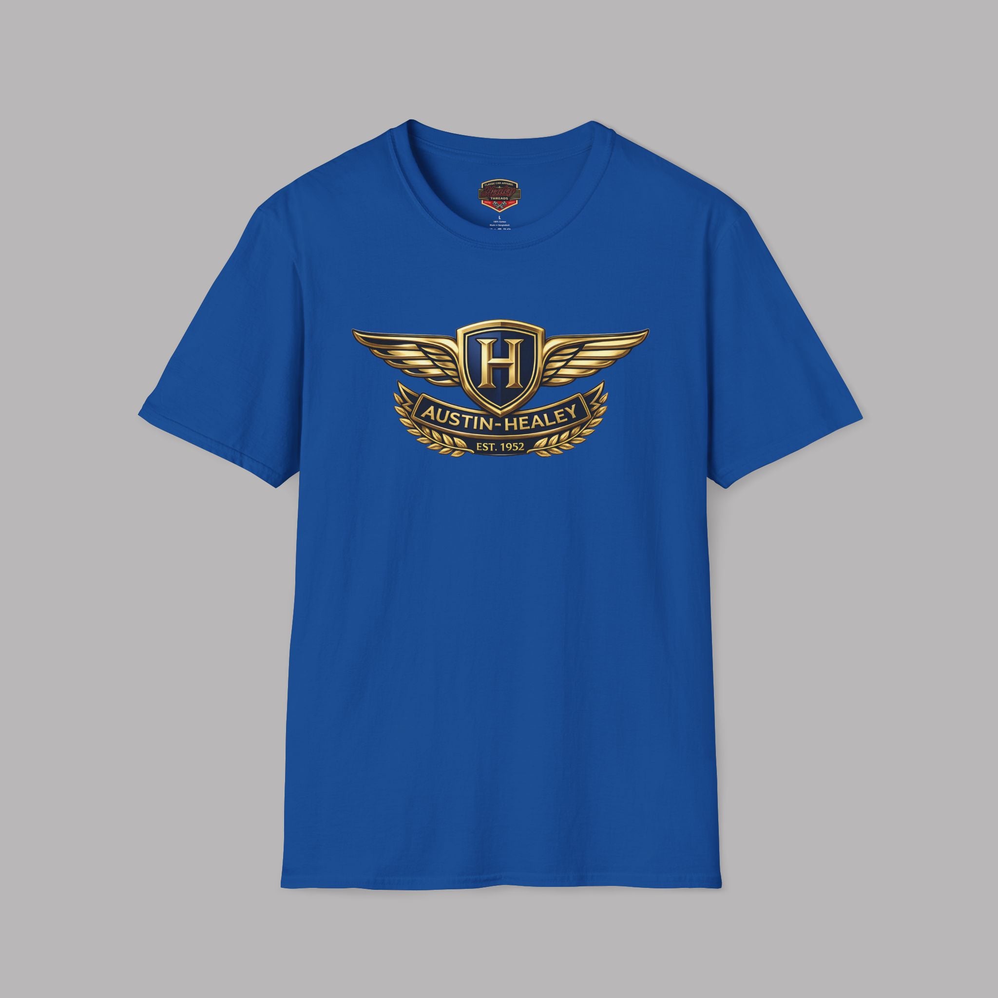 Royal blue t-shirt with Austin-Healey logo on a gray background