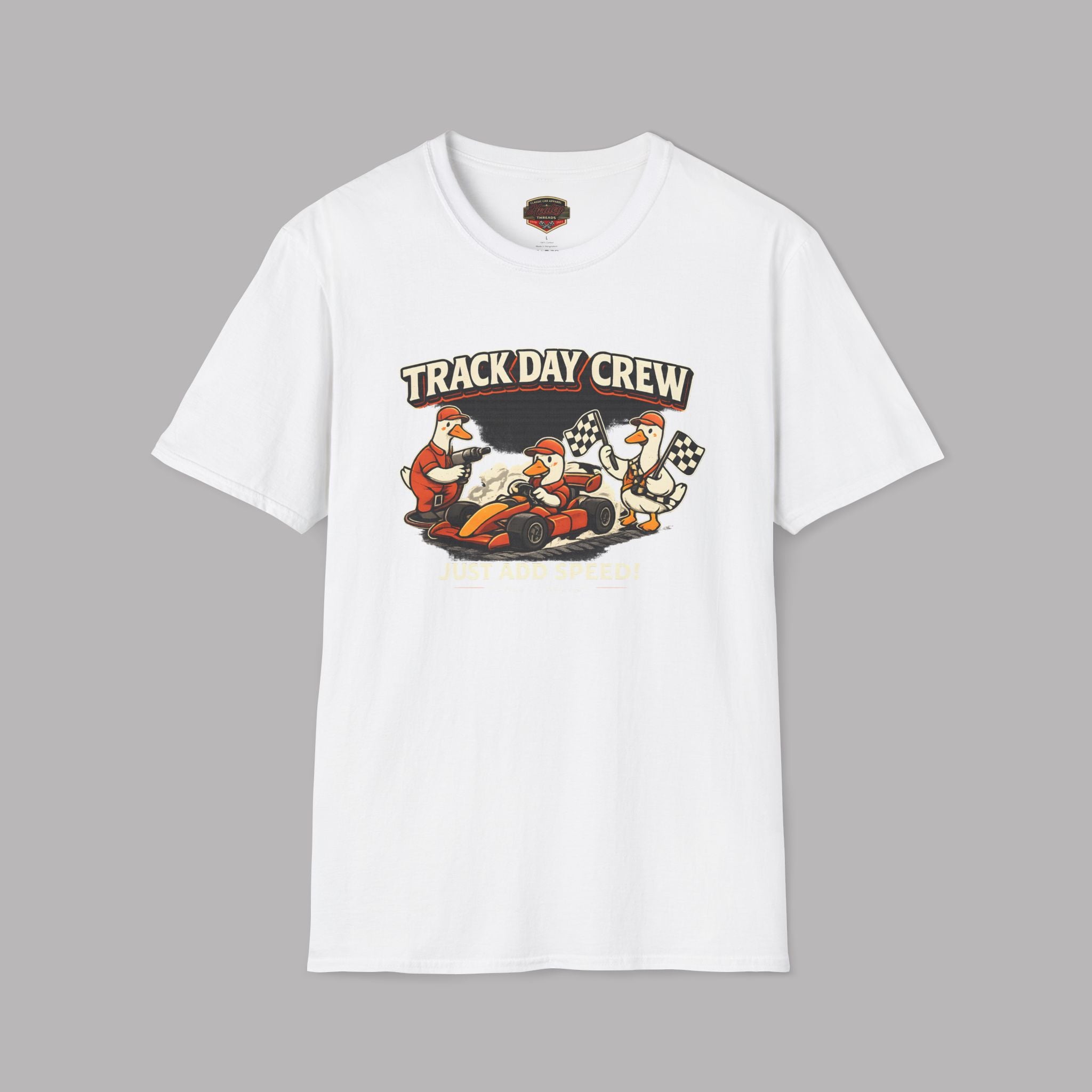 White t-shirt with 'Track Day Crew' graphic on a gray background