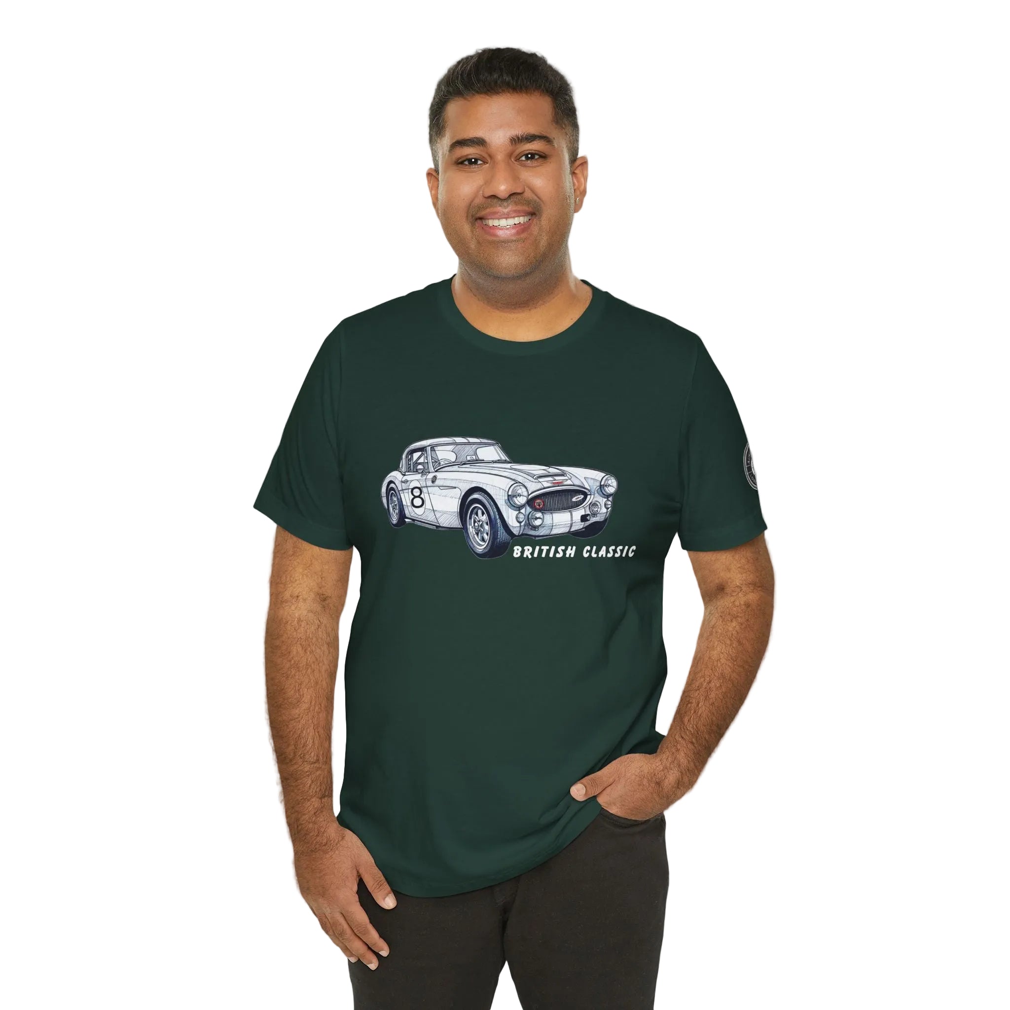 Man wearing a dark green t-shirt with a white car graphic and text on a white background