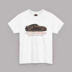White t-shirt with a car graphic and text on a gray background