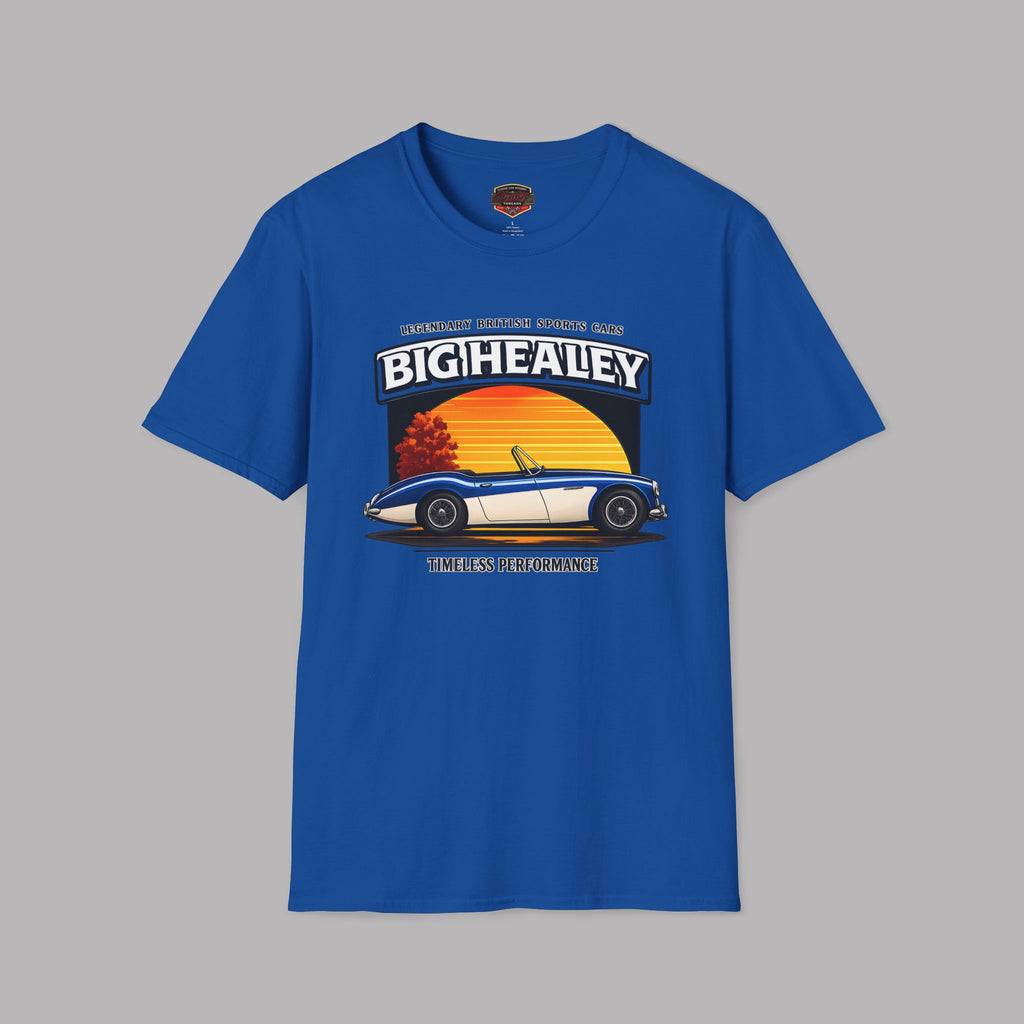 Big Healey graphic royal blue colored t-shirt featuring a blue and white Austin Healey roadster with retro sunset artwork and vintage British sports car typography by Healey Threads